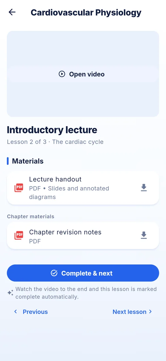 Lesson screen with materials