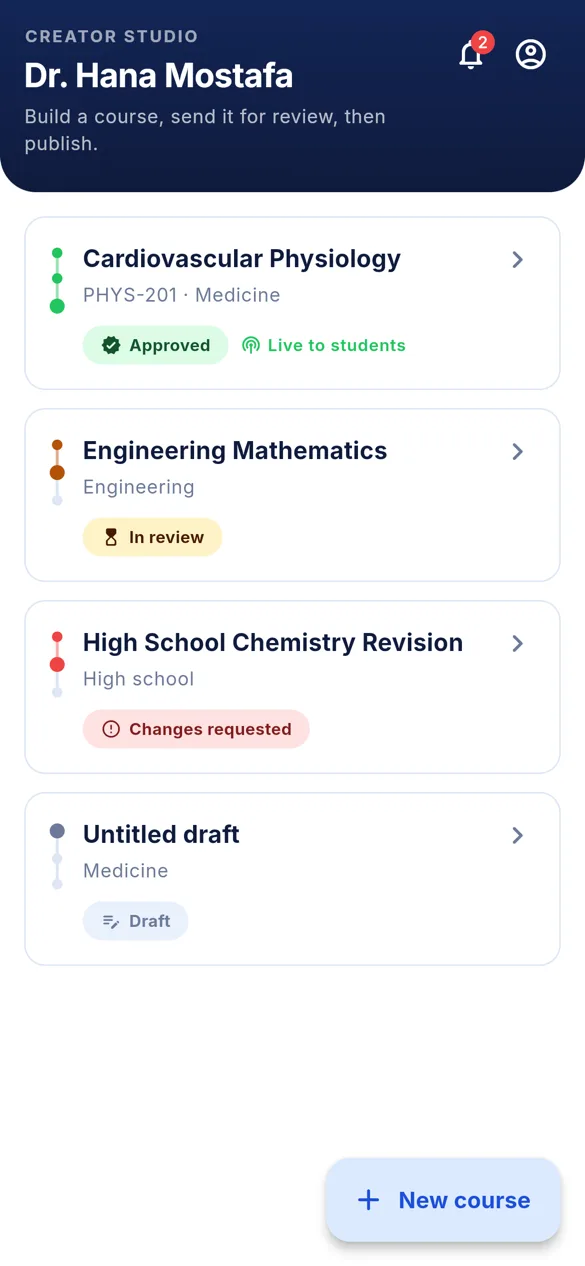 Creator Studio course list with review status